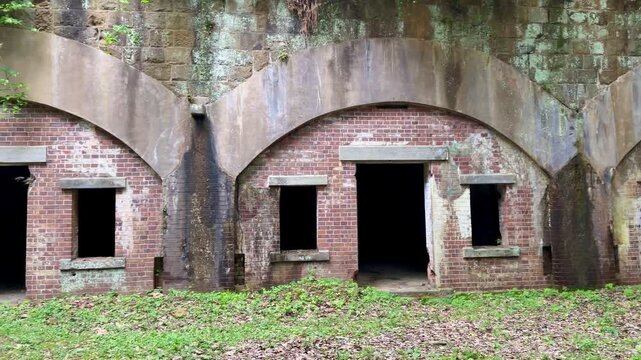 Himegamiyama Battery Ruins featuring historic red brick military barracks on Tsushima Island, Nagasaki Prefecture, Japan.