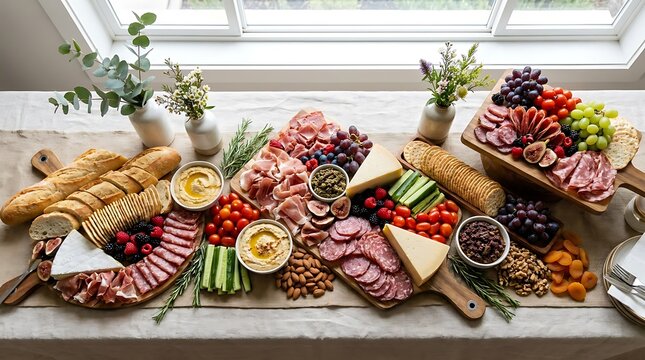 Large charcuterie board with assorted meats cheese bread fruits and vegetables on a rustic wooden table. party appetizer station
