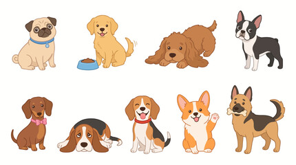 Fototapeta premium Collection of cute illustrated dogs of various breeds, including puppies, with bowls and toys