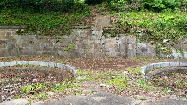 Himegamiyama Battery Ruins featuring historic red brick military barracks on Tsushima Island, Nagasaki Prefecture, Japan.