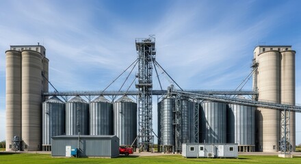 Fototapeta premium Large Industrial Grain Elevator and Storage Silos Complex under Clear Blue Sky for Agricultural Processing