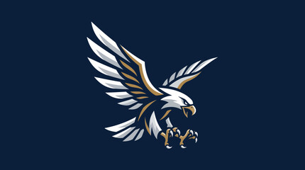Obraz premium Dynamic stylized white eagle logo with gold accents on a deep navy background, ideal for sports branding or team emblem