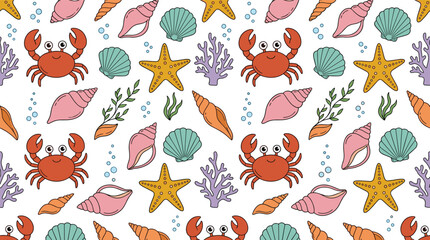 Cute sea life seamless pattern vector illustration with crabs starfish and seashells © airin
