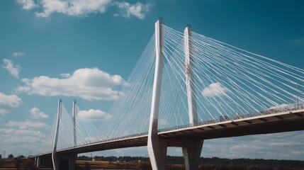Fototapeta premium Modern suspension bridge with cable-stayed design against a clear blue sky showcasing engineering excellence and urban landscape in daylight