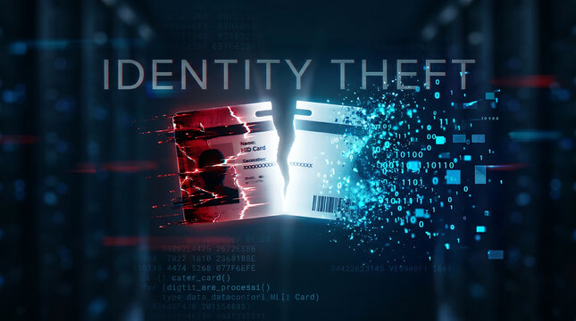 Identity theft and cyber crime concept with a broken digital ID card splitting into binary data code and glitch effects in a dark computer server room background
