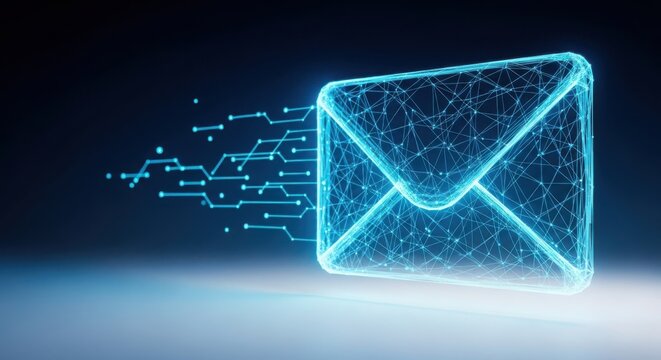 Digital email envelope symbol with glowing blue network connection lines illustration