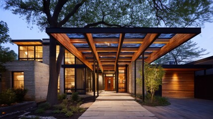 Fototapeta premium Modern architectural design featuring a beautiful entrance with large glass windows and a striking wooden canopy in a serene suburban setting at dusk