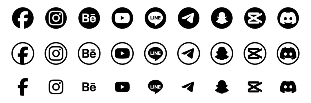 Social Media Contact Icon 2026 featuring Facebook, Instagram, Behance, YouTube, LINE, Telegram, Snapchat, CapCut, and Discord. Perfect for contact information, communication, branding, support, networ