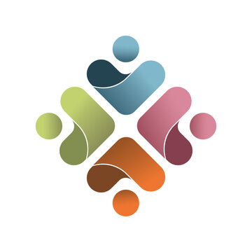dynamic community logo design featuring a colorful, minimalist, circle of human figures. It symbolizes teamwork.