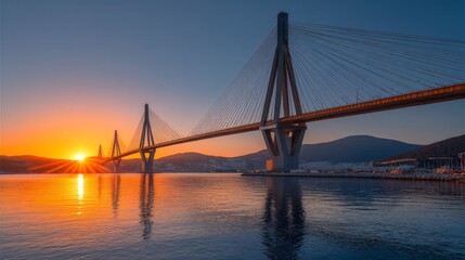 Obraz premium Stunning Sunset Over Majestic Suspension Bridge with Reflections in Calm Waters and Mountains in Background, Captured in Peaceful Evening Light