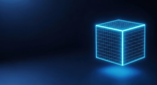 Glowing blue wireframe cube on a dark digital background illustration futuristic