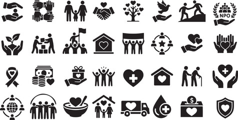 Fototapeta premium Humanitarian Causes Flat Glyph Icon Set, Volunteering, Adoption, Charity, Donations, Nonprofit Organizations and Business Teamwork Vector Icons