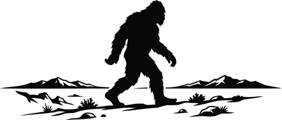 Naklejka premium Bigfoot walking in the mountains silhouette