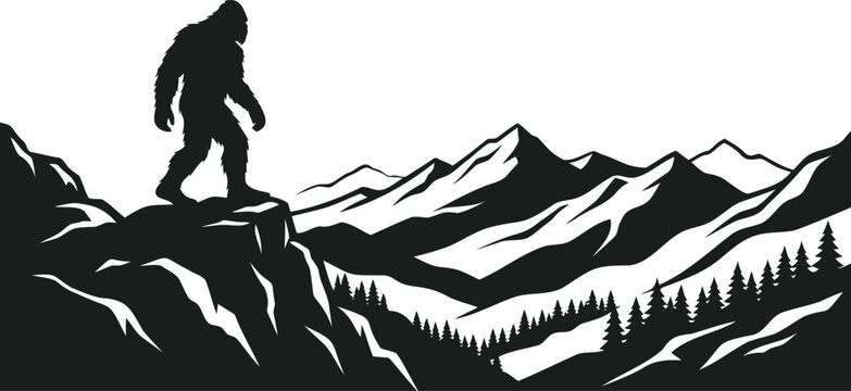 Bigfoot silhouette walking on a rocky mountain cliff