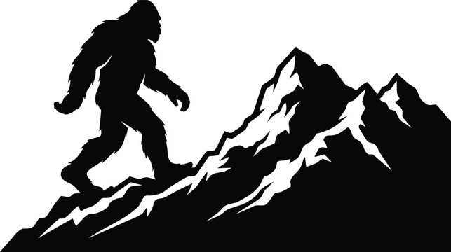 Bigfoot walking up a steep mountain side silhouette