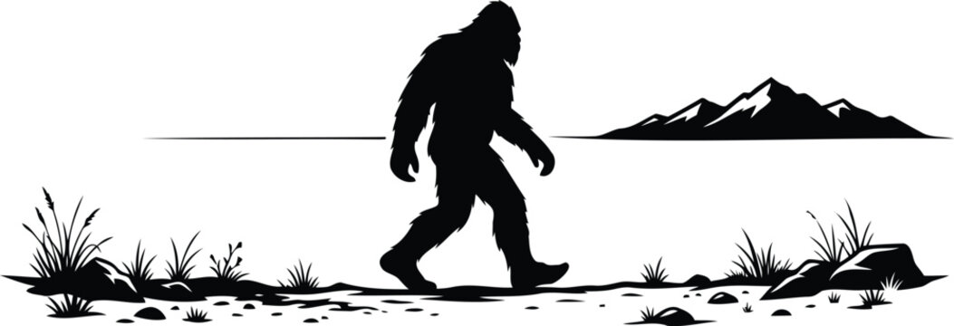 Bigfoot walking in the mountains black silhouette graphic