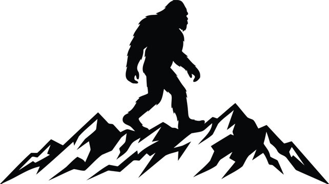 Bigfoot silhouette walking over high mountain peaks
