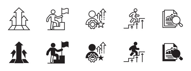 Fototapeta premium Promotion Arrow Up Icon Set, Career Growth and Corporate Success Advancement Vector Symbols