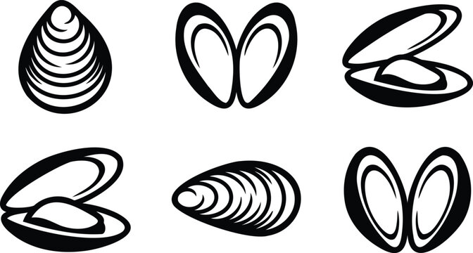 Set of simple black and white clam and mussel shell icons