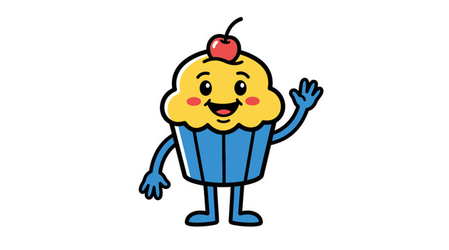 Smiling cartoon cupcake character waving hand.