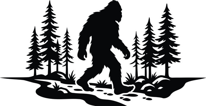 Bigfoot silhouette walking through a forest with pine trees