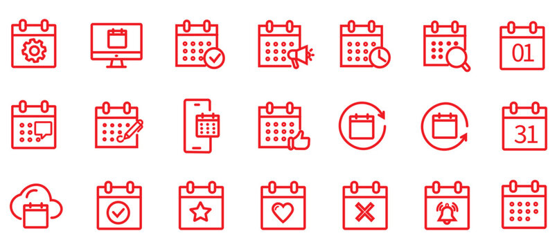Calendar icon set. Containing date, schedule, month, week, day, appointment, agenda, organization, event, time, planning, clock and more. Editable line icons. Vector illustration. 