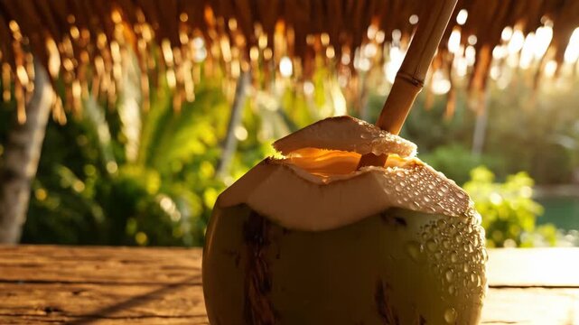 Fresh coconut water with a straw, sheltered by palm leaves, evoking a tropical getaway.