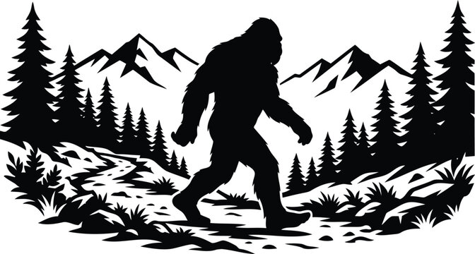 Bigfoot walking in the mountains with pine trees