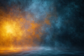 Obraz premium Abstract studio backdrop with dark blue mist and warm golden light, textured smoke background