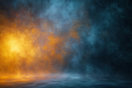 Abstract studio backdrop with dark blue mist and warm golden light, textured smoke background