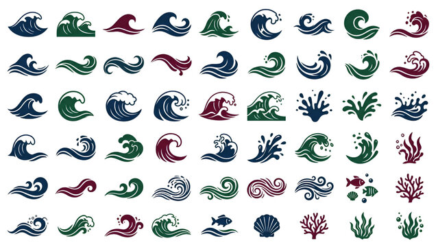 Stylized marine wave vectors with splashes and sea life symbols for nautical designs