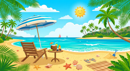 Fototapeta premium Tropical beach scene, summer vacation background, palm trees, sandy shore, ocean landscape