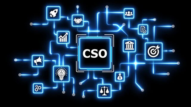 Corporate cso strategy concept with glowing icons on black network.