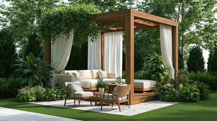 Fototapeta premium Backyard wooden pergola with white sheer curtains lounge sofas, green plants flowers lawn private garden modern outdoor landscape render