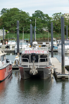 CARTERET, NEW JERSEY - JUNE 19, 2026: A survey vessel is moored at Carteret Municipal Marina in Carteret, New Jersey.