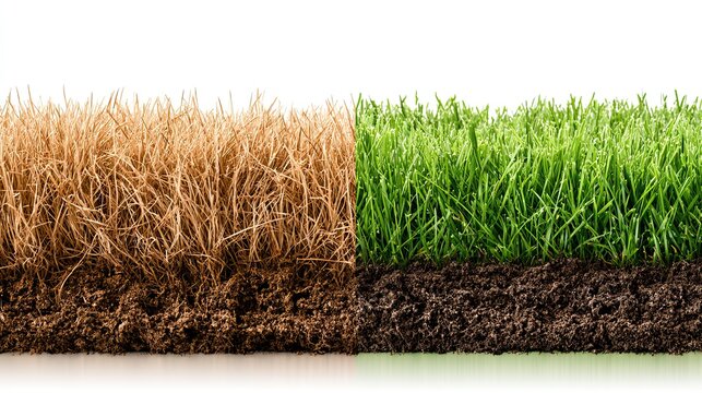 Half comparison dry yellow grass and fresh green lawn cross-section with soil layer, lawn care gardening contrast illustration
