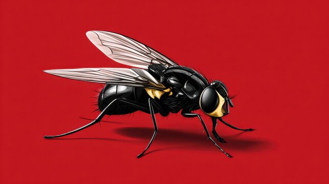 Detailed Illustration of a Black Fly on Vibrant Red Background