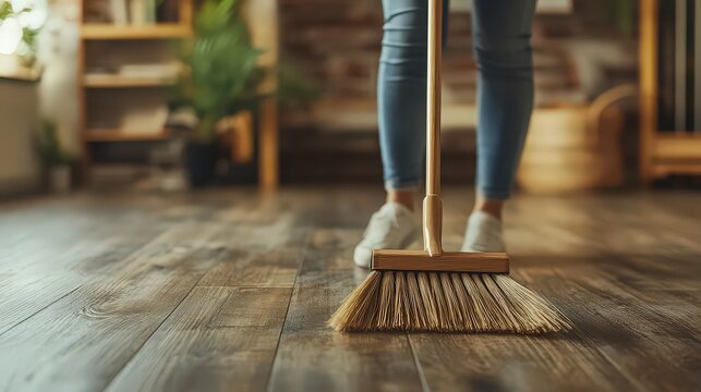 A person wearing blue jeans and white shoes sweeping a dark wooden floor with a broom in a cozy living room