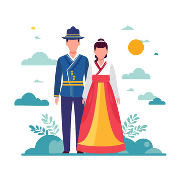 Traditional Couple in Hanbok Illustration