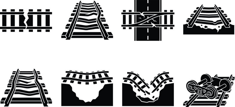 Damaged Railway Track and Railroad Failure Icons Vector Illustration Set