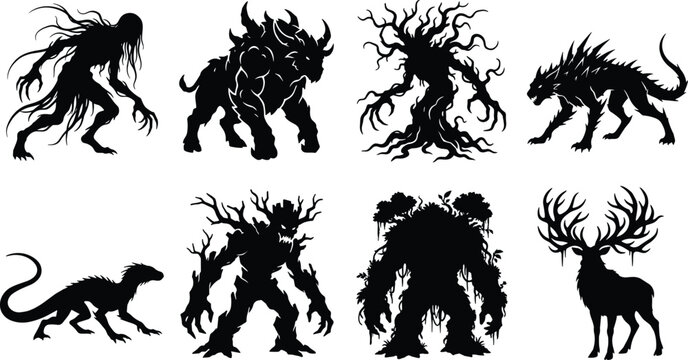 Fantasy Creature Silhouette Collection with Mythical Beasts, Forest Monsters and Wildlife