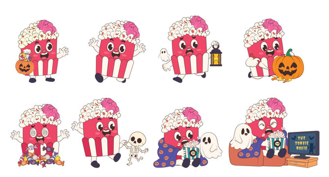 Cute popcorn zombie vector mascot set in vintage comic style with ghost, skeleton, and pumpkin for Halloween cinema movie concept isolated on white background.
