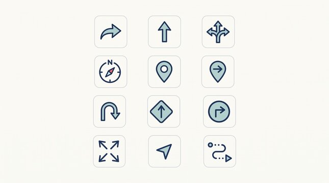Grid of nine modern navigation icons including compass, arrows, map pins, routes, and directional symbols, representing travel, orientation, and mapping concepts in simple design.