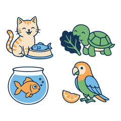 Fototapeta premium Lovely Animals Set with Cute Kitten Eating Fish Green Turtle Goldfish and Parrot 