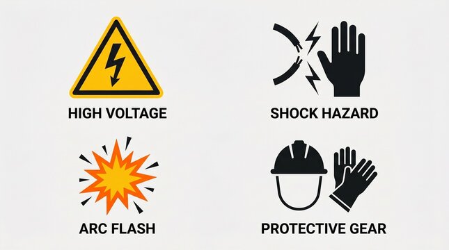Minimalist electrical safety icons in 2x2 grid, depicting high voltage, shock hazards, arc flash, and protective gear, symbolizing awareness, caution, and workplace safety.