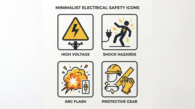 Minimalist electrical safety icons in 2x2 grid, depicting high voltage, shock hazards, arc flash, and protective gear, symbolizing awareness, caution, and workplace safety.
