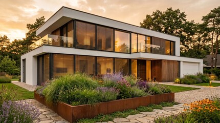 Fototapeta premium Modern two story luxury villa with glass facade and beautiful garden landscaping at sunset