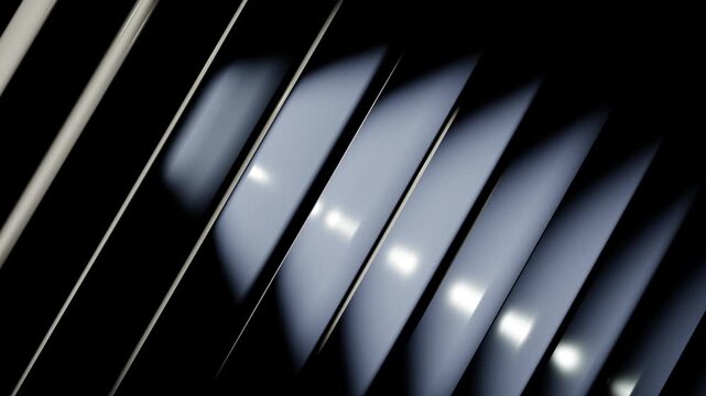 Minimalist white geometric slats rotating under circular spotlight in dark abstract studio with high contrast shadows