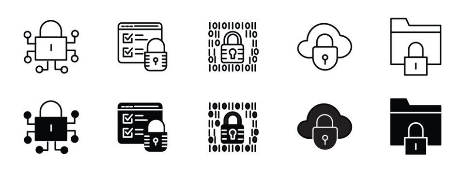 Data Privacy Lock Icon Set, Cyber Security Encryption and Information Safety Vector Symbols
