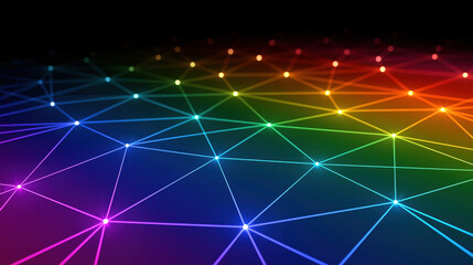 Fototapeta premium Abstract geometric network wallpaper rainbow light line dark background glowing point digital mesh triangular pattern multicolor gradient luminous connection futuristic design low poly style